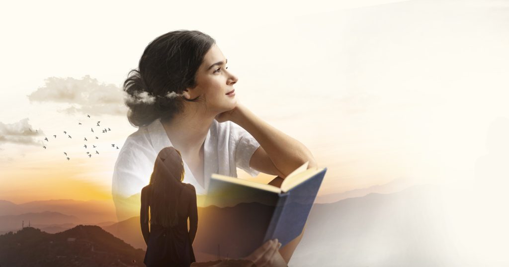 medium shot woman with book double exposure
