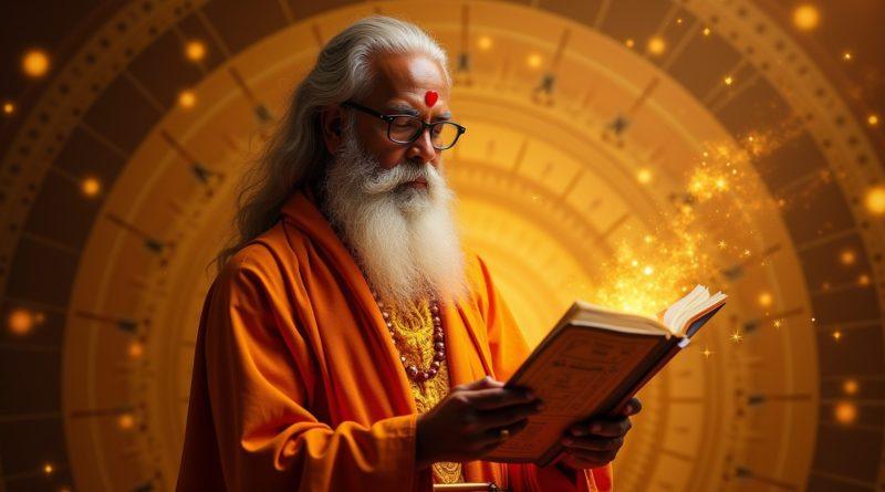 elderly monk sadguru reading with glowing aura astrological symbols scaled