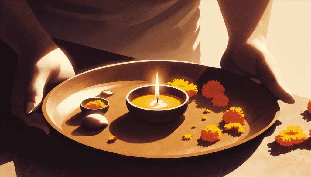 diya with flowers held by hands
