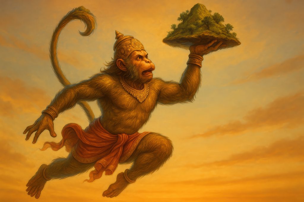 flying hanuman with mountain mythological strength divine mission hindu epic illustration